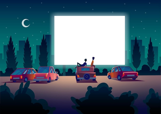 Cinema de rua de carro. cinema drive-in com stand de automóveis em estacionamento ao ar livre à noite. tela grande ao ar livre. noite de cinema.