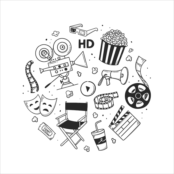 Cinema Doodle desenhado à mão de câmera de cinema clapperboard rolo de filme