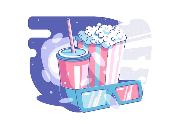 Vetor cinema e lanche ilustração vetorial, pipoca, bebida saborosa e copos para filme d estilo simples, tempo de lazer e conceito de fim de semana