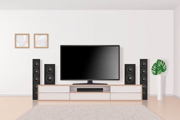 Cinema em casa. Sistema de aparelho de TV no interior grande sistema multimídia moderno home theater na sala de estar conceito realista