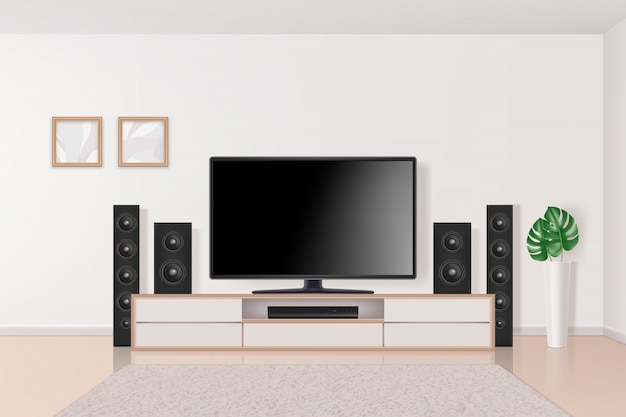 Cinema em casa. sistema de aparelho de tv no interior grande sistema multimídia moderno home theater na sala de estar conceito realista