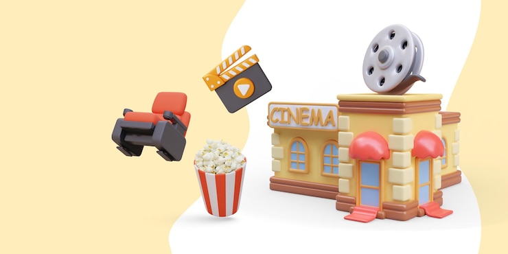 Vetor cinema em estilo de desenho animado edifício realista com rolo de filme balde de cadeira de pipoca clapper