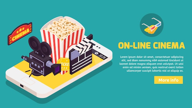 Cinema isométrico com ilustração conceitual de smartphone