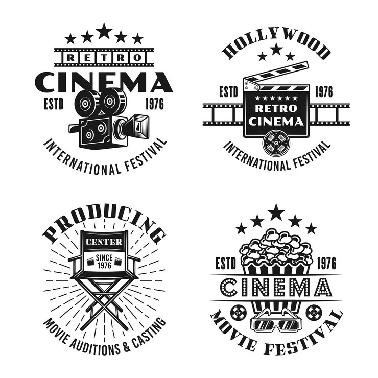 Cinema retro conjunto de quatro emblemas, etiquetas, emblemas ou logotipos de vetor em estilo vintage monocromático isolado no fundo branco