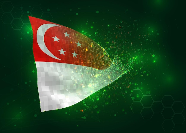 Cingapura na bandeira 3d vetorial sobre fundo verde com polígonos e números de dados