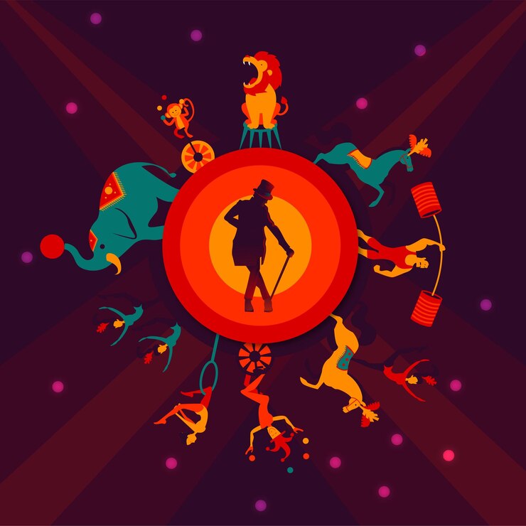 Vetor circo de carnaval girando em torno do master showman