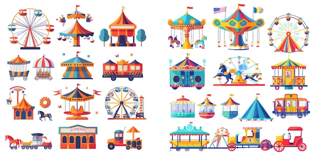 Vetor circo festival feira roda e trem set de ícones de ilustração vetorial isolados