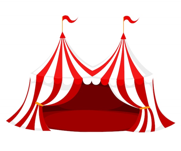 Circo vermelho e branco ou tenda de carnaval com bandeiras e ilustração de piso vermelho na página do site e aplicativo móvel com fundo branco