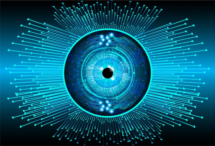 Vetor circuito cyber de olho azul tecnologia futura conceito fundo