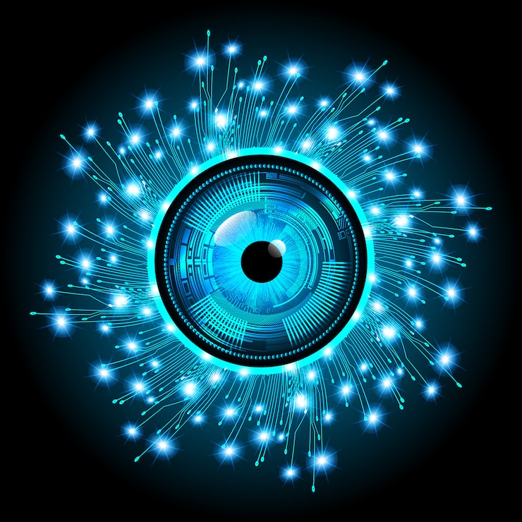 Vetor circuito cyber de olho azul tecnologia futura conceito fundo