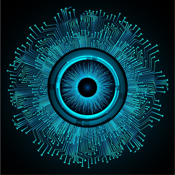 Vetor circuito cyber de olho azul tecnologia futura conceito fundo