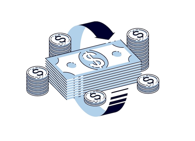 Circulação de dinheiro, retorno do investimento, câmbio, dinheiro de volta, reembolso de dinheiro, conceitos podem ser usados. Ilustração em vetor de pilha de dinheiro com setas de loop radial ao redor, isométrica 3D.