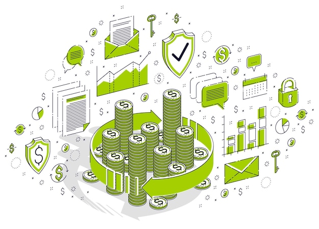 Circulação de dinheiro, retorno do investimento, câmbio, dinheiro de volta, reembolso de dinheiro, conceitos podem ser usados. ilustração em vetor negócios isométrica 3d com ícones, gráficos de estatísticas e elementos de design.