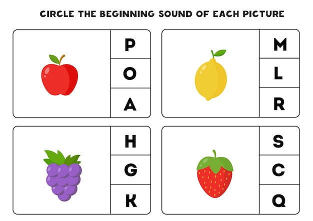 Circule o som inicial de cada imagem. jogo educativo para crianças.