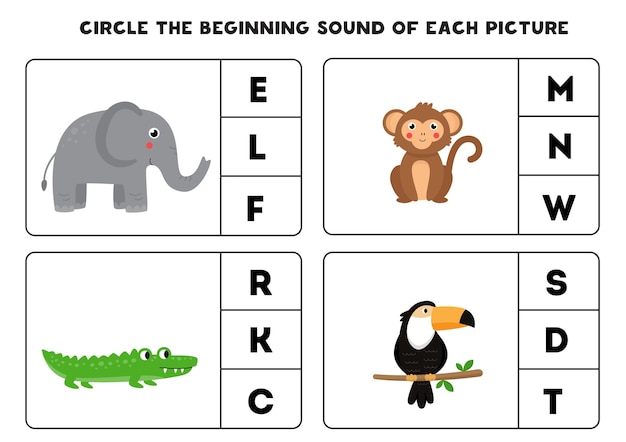 Circule o som inicial de cada imagem. jogo educativo para crianças.