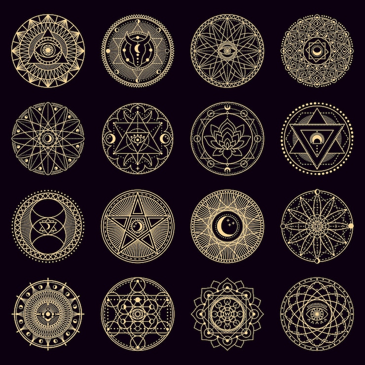 Vetor círculo de feitiço de mistério. emblemas circulares de alquimia mística dourada bruxaria, sinais de geometria oculta, conjunto de ícones de ilustração mágica do círculo. ornamento espiritual místico, astrologia e bruxaria