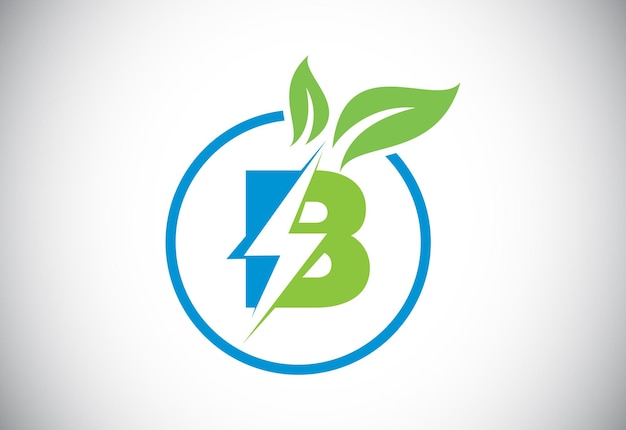 Círculo de folha de raio de letra b inicial ou ícone de economia de energia ecológica folha e conceito de ícone de raio para logotipo elétrico de energia natural