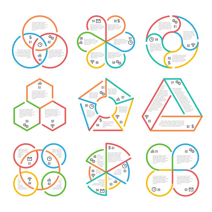 Vetor círculo de linha grossa cor, diagramas de contorno de negócios triangular, hexagonal, pentagonal infográficos diag