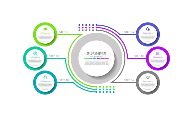 Círculo de modelo abstrato de infográfico de negócios colorido com seis etapas