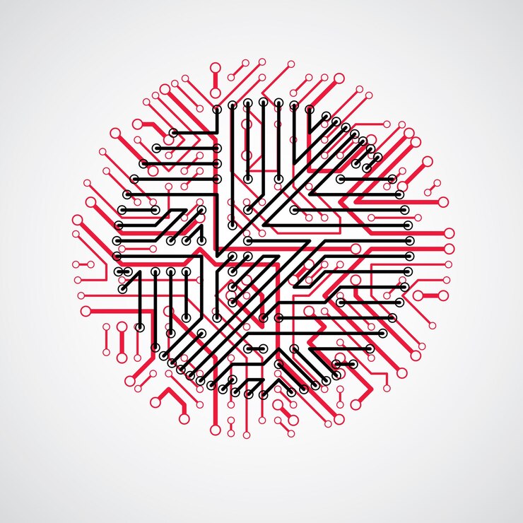 Vetor círculo de placa de circuito vetorial, abstração de tecnologias digitais. esquema de microprocessador de computador vermelho, design futurista.