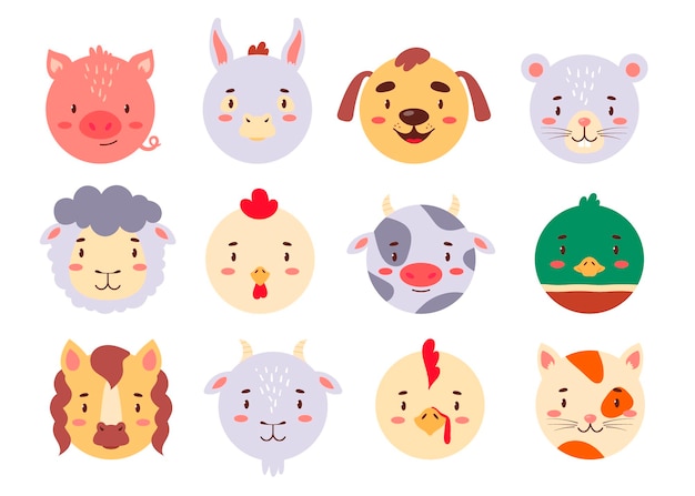 Círculo de rostos de animais definidos para interface do usuário ou aplicativo móvel coleção de avatares kawaii fofos para crianças jogo ícones de cabeça simples em ilustração vetorial plana de cor brilhante isolada no fundo branco