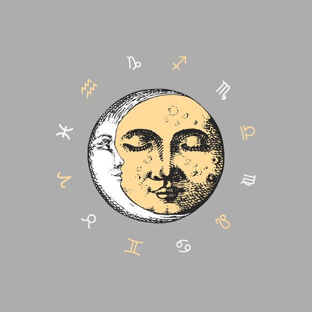 Vetor círculo do zodíaco de sinais de horóscopo com desenho vetorial de lua e crescente em estilo de gravura roda do zodíaco com símbolos astrológicos mão ilustrações desenhadas