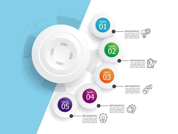 Vetor círculo etapas linha do tempo elemento infográfico relatório de fundo com ícone de linha de negócios 5 st