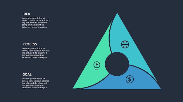 Vetor círculo infográfico escuro com modelo de 3 elementos para web em um vetor de apresentação de negócios de fundo preto