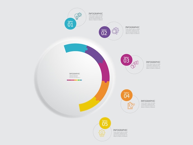 Círculo redondo etapas linha do tempo elemento infográfico relatório de fundo com ícone de linha de negócios 5 etapas