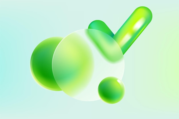 Círculo transparente de estilo glassmorphism e ícone de marca de seleção com logotipo de carrapato isolado 3d de esfera verde