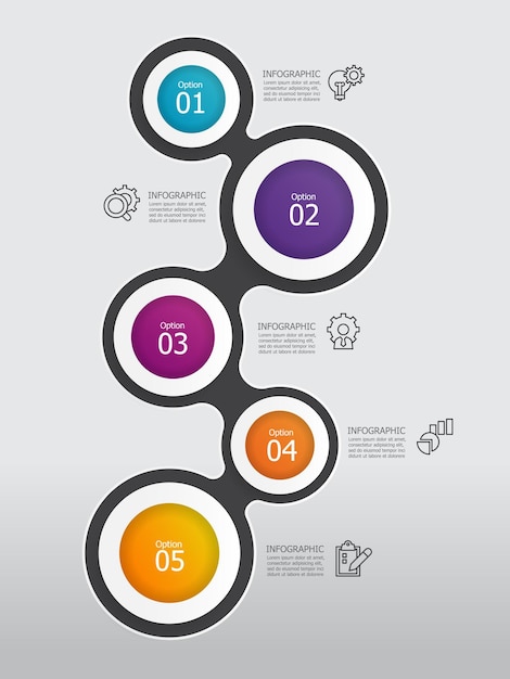 Vetor círculo vertical etapas linha do tempo elemento infográfico relatório de fundo com ícone de linha de negócios 5 etapas