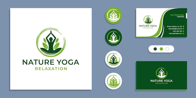 Círculo zen, pessoas de ioga com folha, logotipo de meditação ioga da natureza e modelo de design de cartão de visita