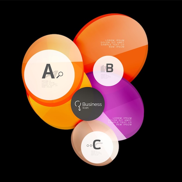 Vetor círculos de cor de vidro elementos infográficos em fundo abstrato preto