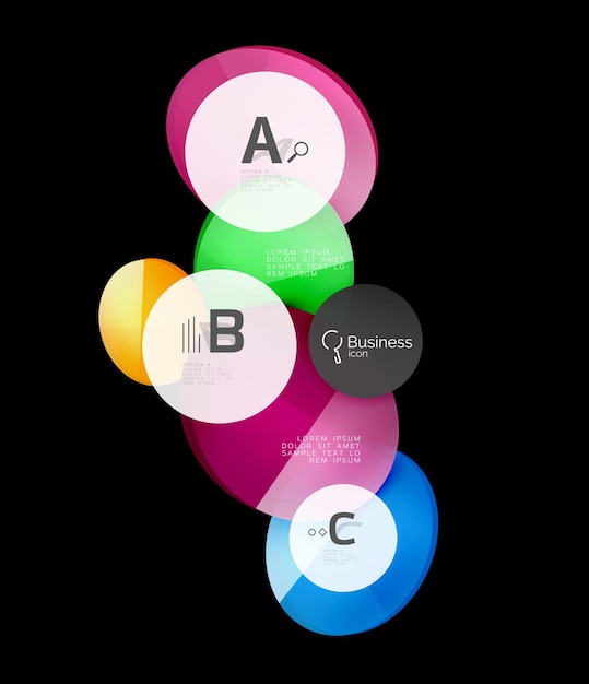 Círculos de cor de vidro elementos infográficos em fundo abstrato preto