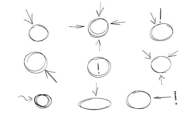 Vetor círculos de destaque desenho setas ovais de doodle desenho de marcador destacando texto e importante