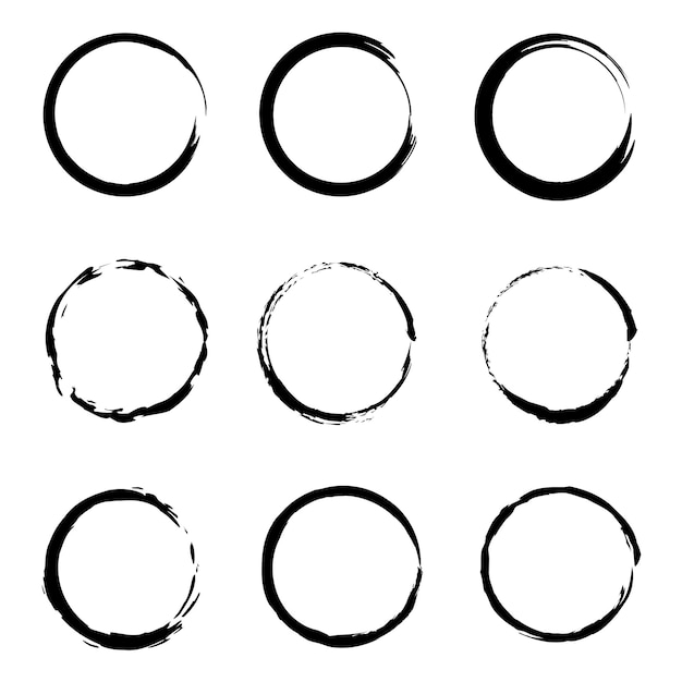 Círculos de pincel de arte de linha padrão de café conjunto de molduras redondas forma redonda manchas de uma xícara de café ilustração vetorial