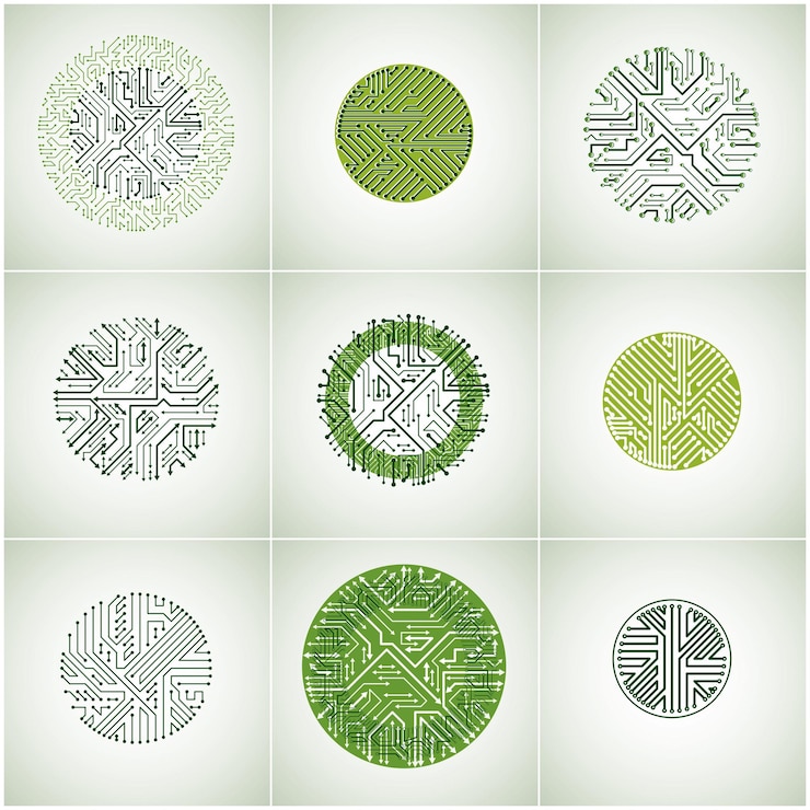 Vetor círculos de placa de circuito vetorial, abstrações de tecnologias digitais. conjunto de esquemas de microprocessador de computador verde com setas, coleção de designs futuristas.