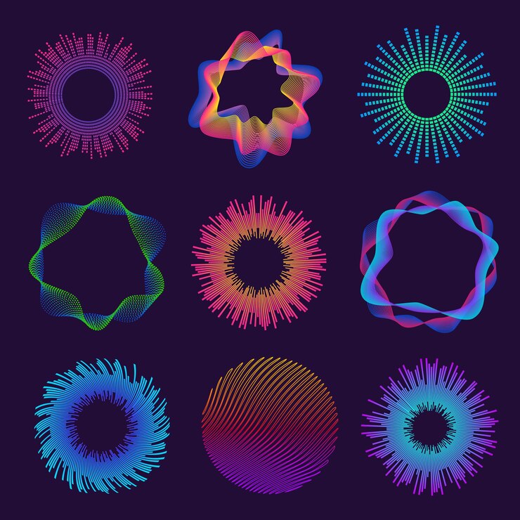Vetor circunde ondas de áudio. onda sonora de música redonda de néon para equalizador. partículas onduladas de som radial abstratas. conjunto de vetores de onda de linha circular brilhante. música sonora, ilustração eletrônica do equalizador de áudio wave