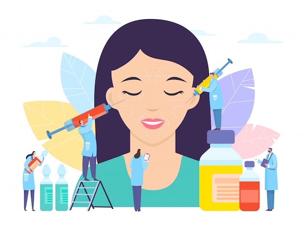 Cirurgia estética, injeção de botox beaurty, ilustração. Seringa com medicamento com ácido hialurônico perto de paciente de menina grande