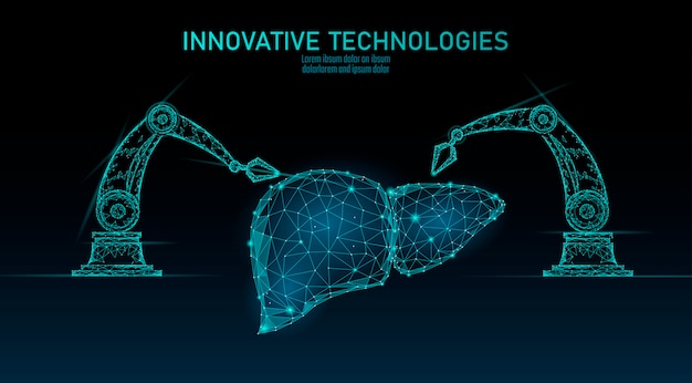 Cirurgia robótica do fígado de baixo poli. procedimento de cirurgia de hepatite poligonal. manipulador de braço de robô. tecnologia inovadora de medicina moderna e inovadora. triângulo 3d render ilustração forma