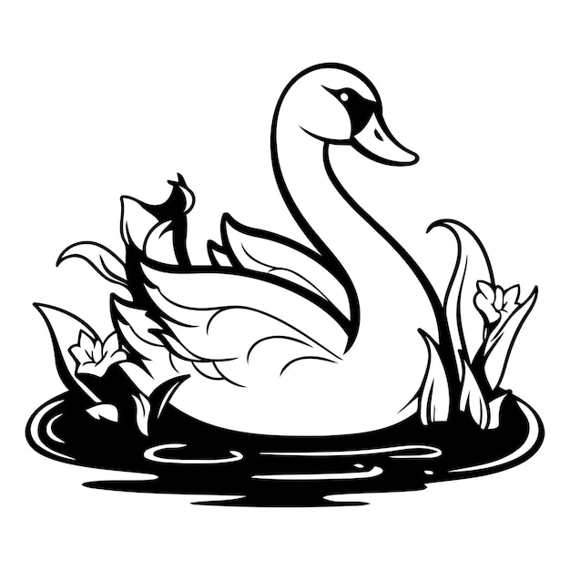 Vetor cisne no lago com flores ilustração vetorial eps