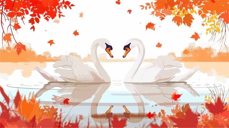 Vetor cisnes graciosos nadando no lago de outono
