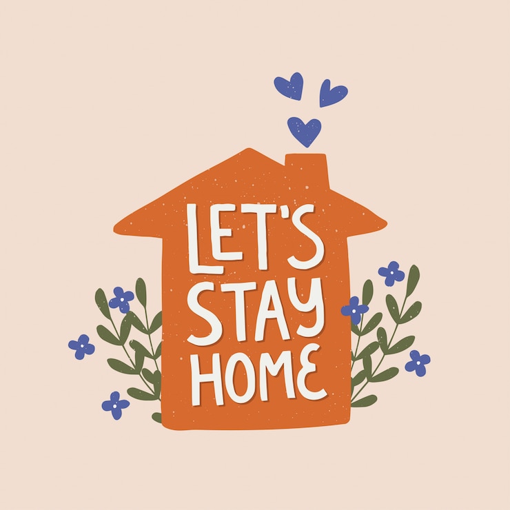 Vetor citação de vetor vamos ficar em casa. letras de mão desenhada. ilustração plana dos desenhos animados