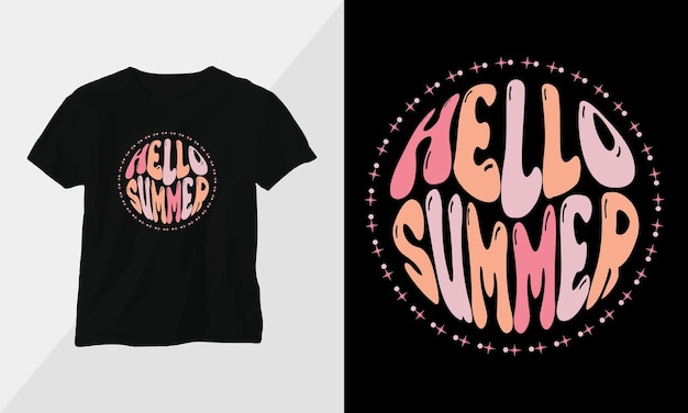 Vetor citações de design de camiseta ondulada retro groovy com design gráfico de vetor hello summer design