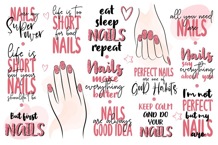 Citações de inspiração sobre manicure e unhas master. Com glitter de vetor.