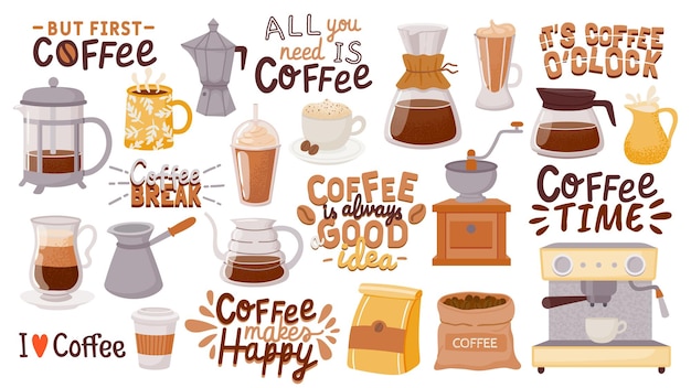 Citações e xícaras de café. projeto de bebida quente de café da manhã para cartazes de café. mas primeiro café. conjunto de vetores de xícara de cappuccino, café expresso e café com leite. ilustração beber café, letras de café da manhã