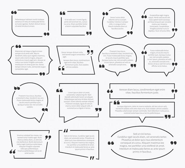 Cite caixas. design de caixa de frase de cotação, marcas de parágrafo de idéia comentário de sentença mencionar bolhas de descrição com vírgulas