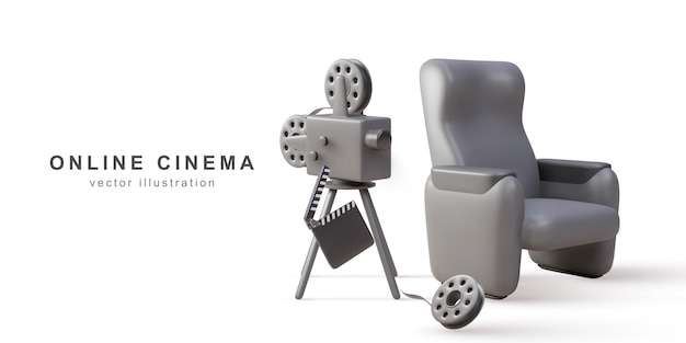 Claquete de câmera retro realista 3d e poltrona de cinema e bobinas de cinema