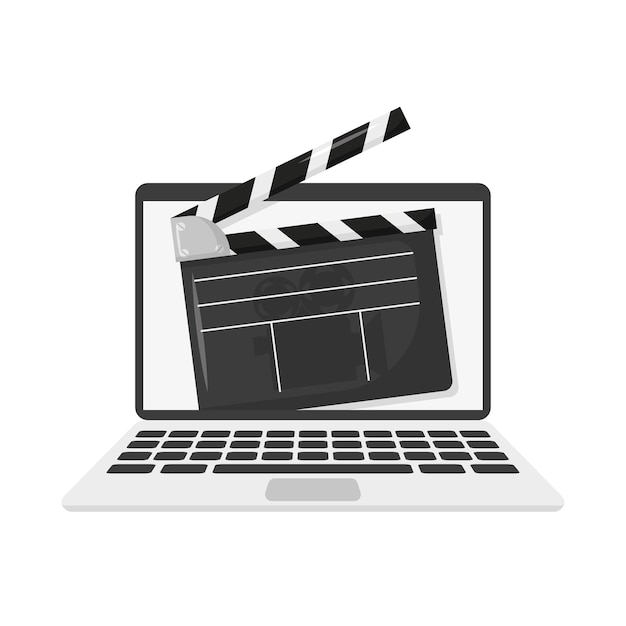 Claquete de cinema no laptop em fundo branco