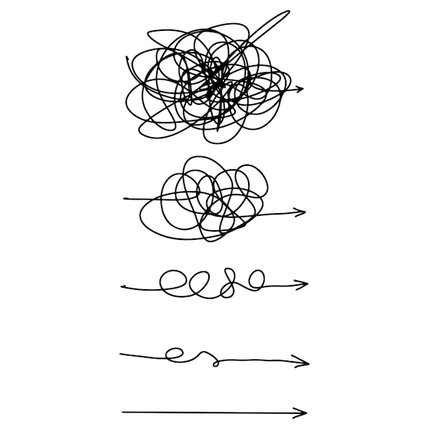 Vetor clareza de confusão ou conceito de ideia de vetor de caminho simplificando a ilustração vetorial de doodle complexa